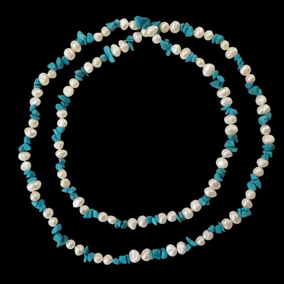 Pearls & Turquoise Rope Necklaces x 2 Freshwater Pearls & Turquoise Chips - Picture 6 of 15